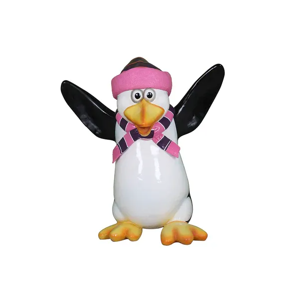 Pink penguin with raised arms in resin