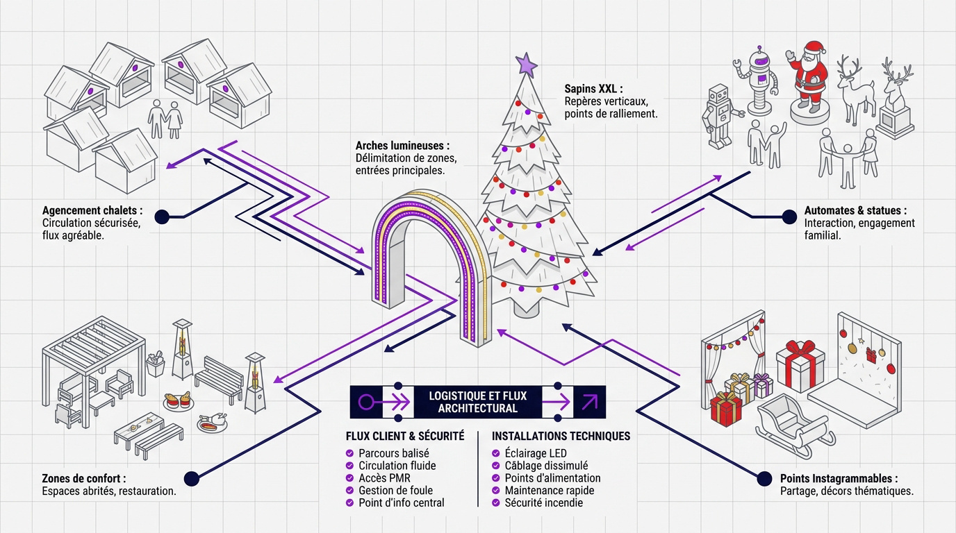 Infographie logistique pour l'installation et la gestion des flux d'un marché de Noël professionnel