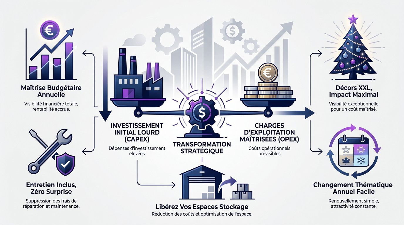 Graphique illustrant la transformation des investissements CAPEX en charges opérationnelles OPEX pour la décoration événementielle