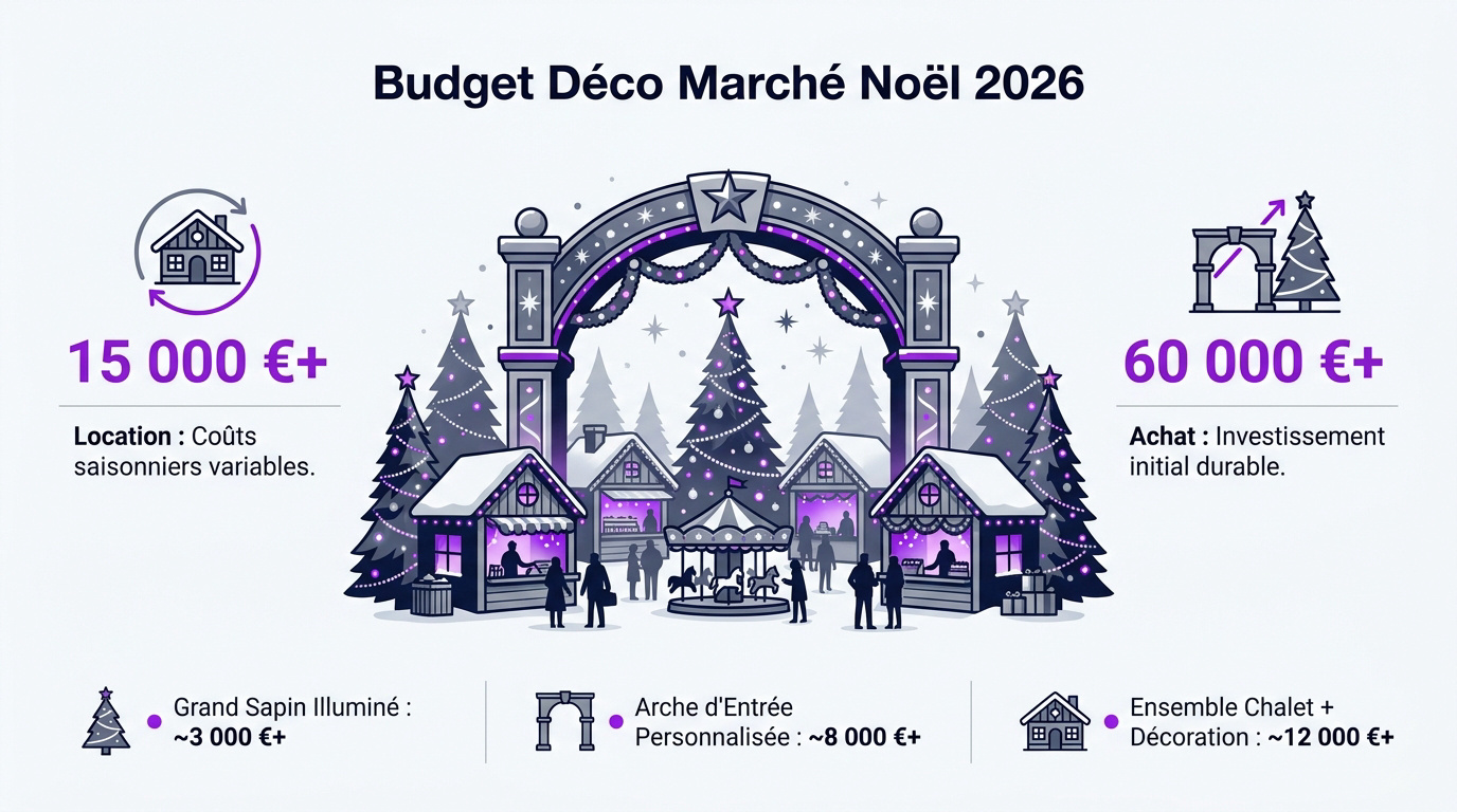Budget décoration marché de Noël professionnel avec sapins XXL et arches lumineuses